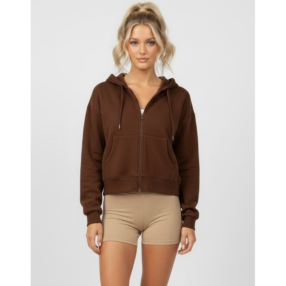 Brown Cropped Zip Up Hoodie Sweatshirt Size Large Fleece Lined